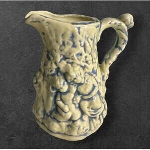 Vintage‎ 6” Blue White Ceramic Pitcher Jug Vase Embossed Scene Figures 1976 MCM